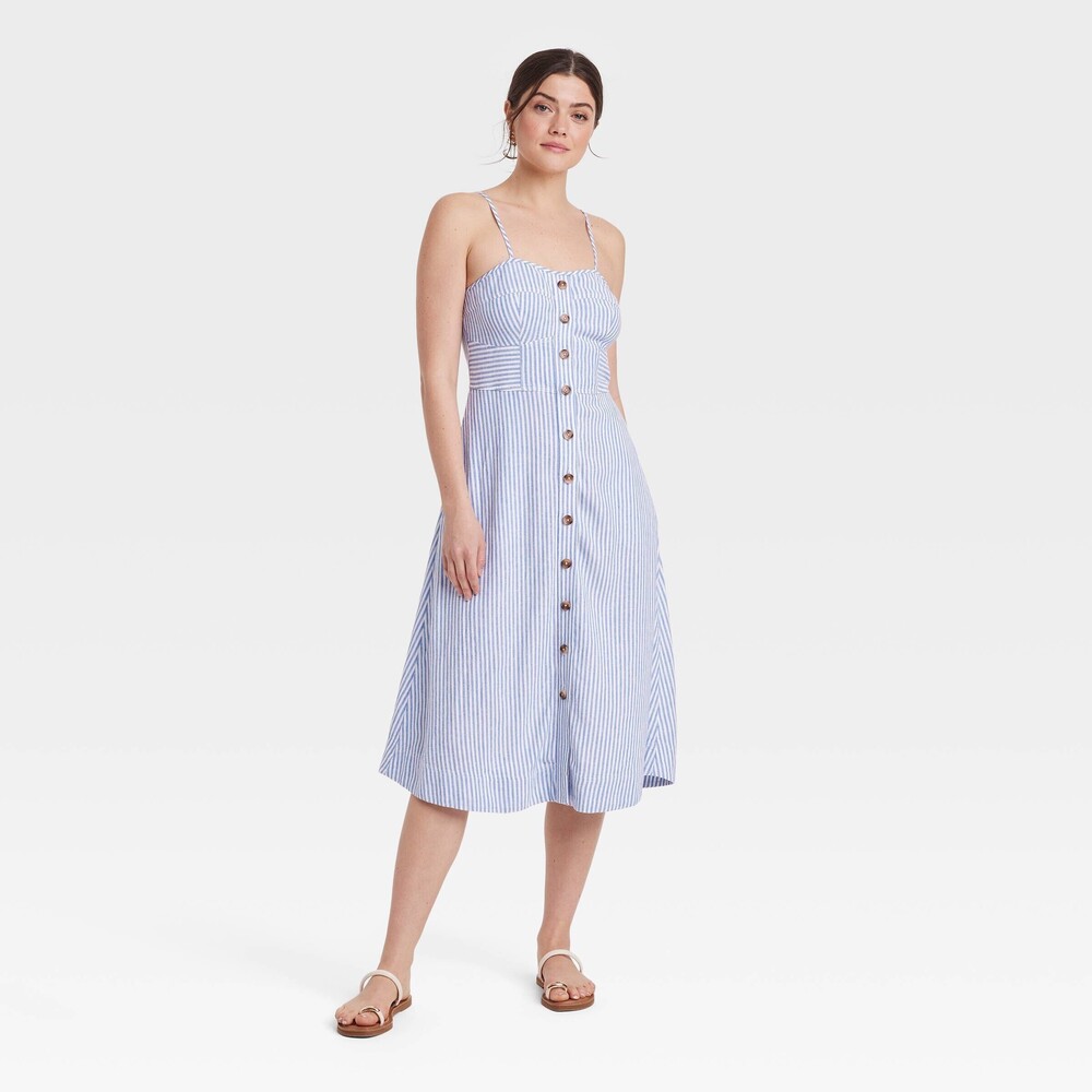 Corset Linen Midi A-Line Dress - Blue Striped XS